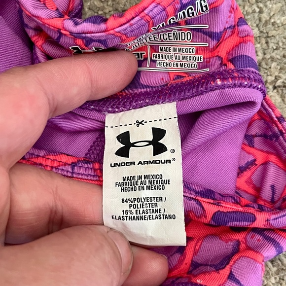 Under Armour UA Youth Girls Purple Pink Crop Athletic Leggings YLG Heat Gear - Picture 5 of 6